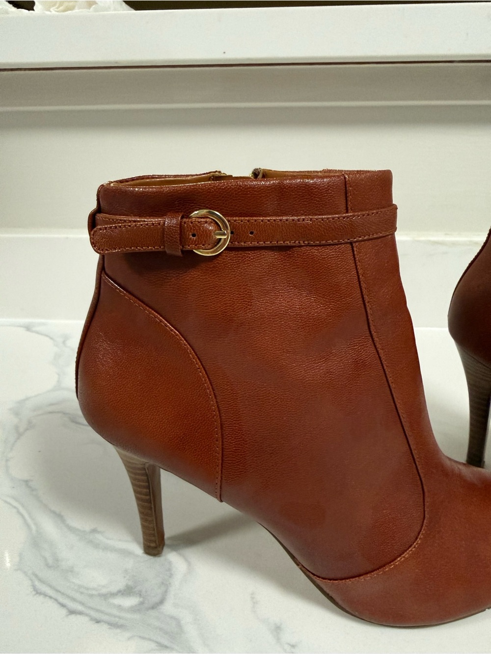 Nine West Cognac Leather High-Heel Ankle Booties with Gold Zippers - Picture 4 of 7